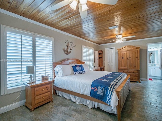 bedroom with wood ceiling, ceiling fan, ensuite bathroom, and multiple windows