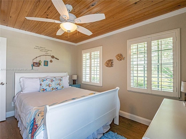 bedroom with wood ceiling, ceiling fan, dark hardwood / wood-style flooring, and ornamental molding