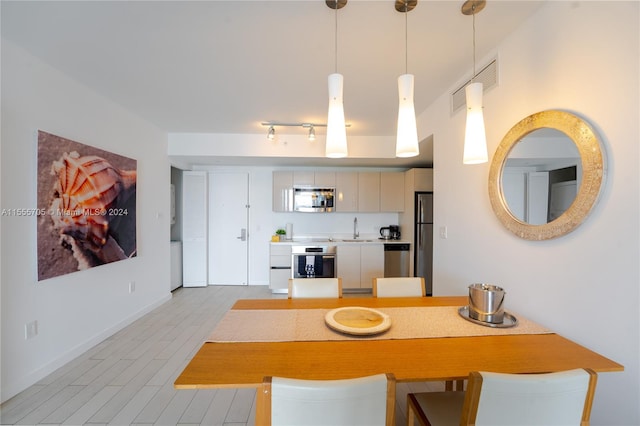 kitchen with appliances with stainless steel finishes, hanging light fixtures, and sink