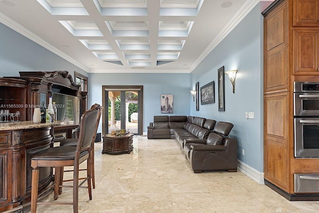 living room featuring light tile flooring, beamed ceiling, coffered ceiling, ornamental molding, and french doors