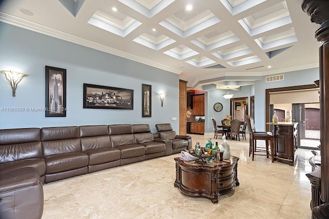 living room featuring coffered ceiling, ornamental molding, light tile floors, and beamed ceiling