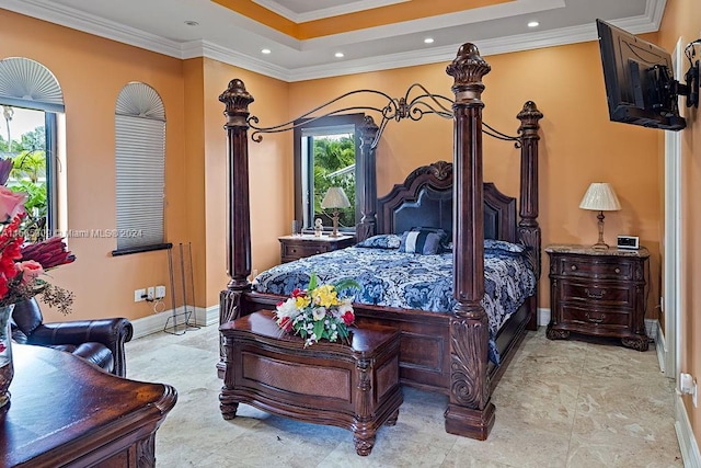 tiled bedroom featuring ornamental molding and a raised ceiling