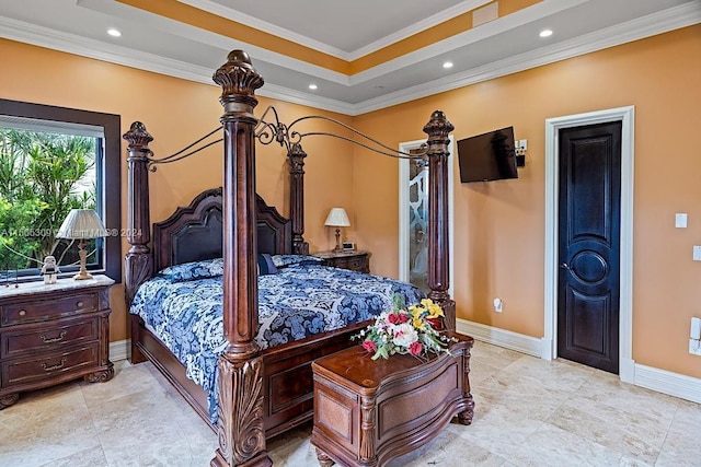 tiled bedroom featuring a tray ceiling and ornamental molding