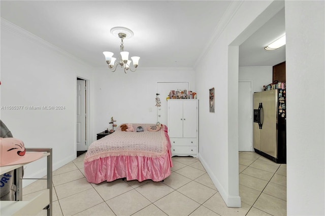 tiled bedroom featuring crown molding, stainless steel fridge, and a chandelier