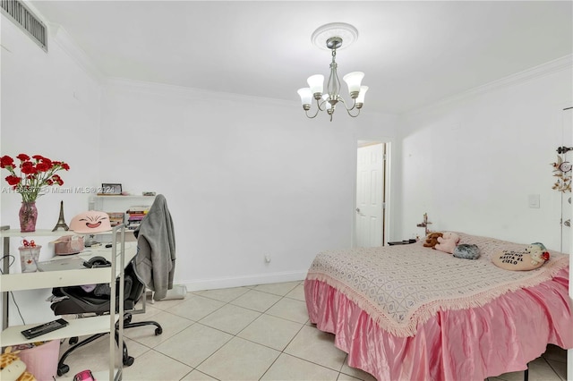 bedroom featuring crown molding, light tile flooring, and a notable chandelier