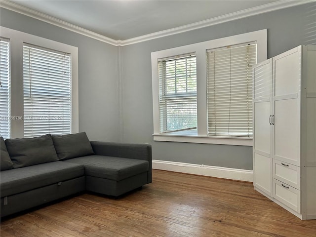 living room with wood-type flooring and ornamental molding