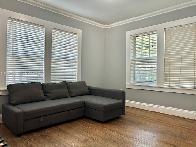 living room featuring ornamental molding and hardwood / wood-style floors