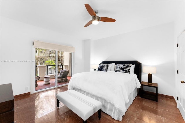 bedroom with ceiling fan and access to outside