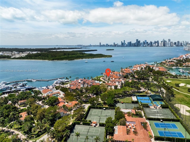 drone / aerial view with a water view