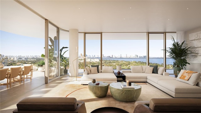 living room featuring a water view and floor to ceiling windows