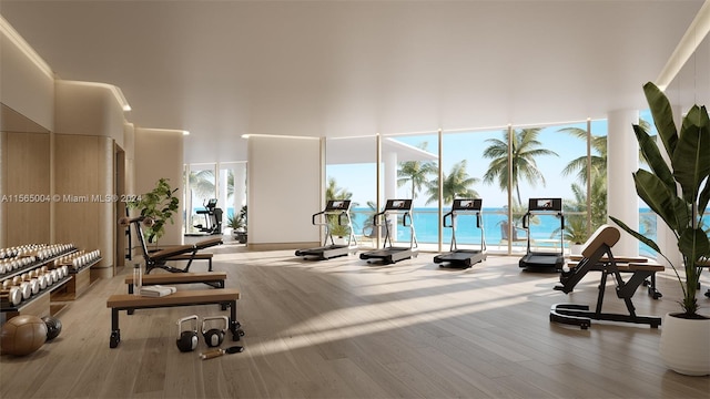 exercise room with a towering ceiling, wood-type flooring, and french doors