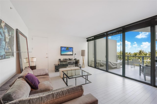 living room featuring a wall of windows and light hardwood / wood-style flooring