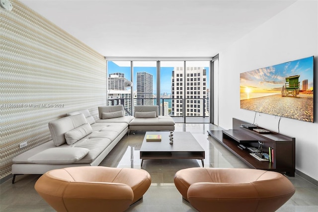 living room with light tile floors and expansive windows