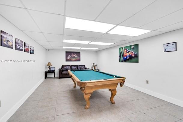 playroom with billiards, light tile floors, and a drop ceiling