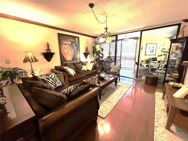 living room featuring hardwood / wood-style flooring, ornamental molding, floor to ceiling windows, and a textured ceiling