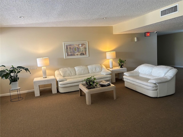 carpeted living room with a textured ceiling