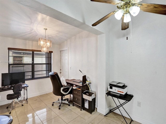 office space featuring vaulted ceiling, light tile floors, and ceiling fan with notable chandelier