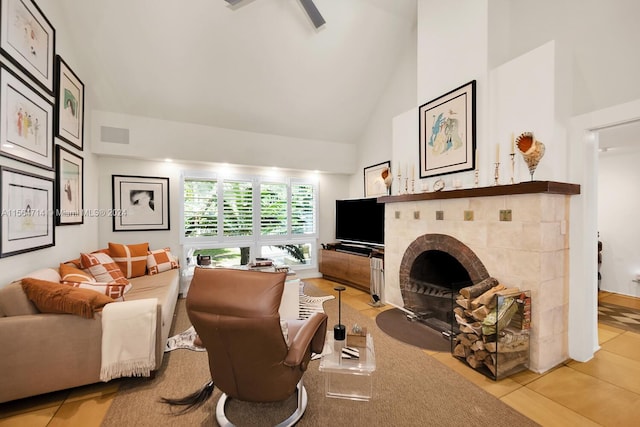 tiled living room with high vaulted ceiling