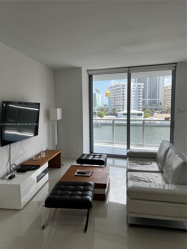 living room with light tile flooring