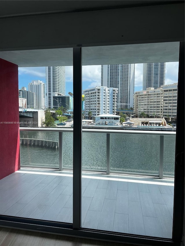 interior space with a water view