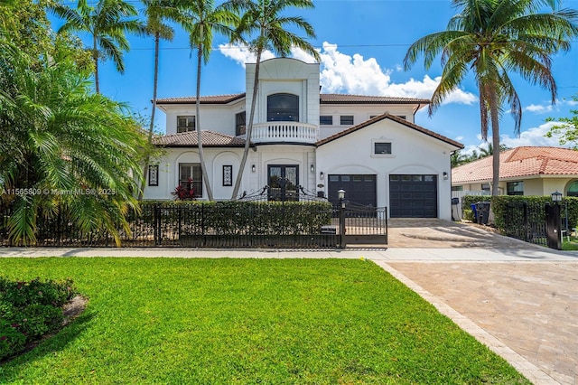 mediterranean / spanish-style home featuring a garage and a front yard