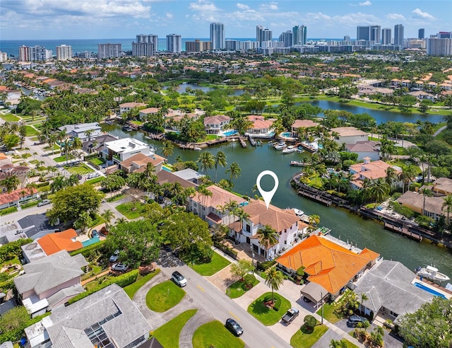 drone / aerial view featuring a water view