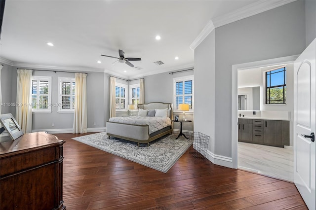 bedroom with dark hardwood / wood-style flooring, connected bathroom, ornamental molding, and ceiling fan