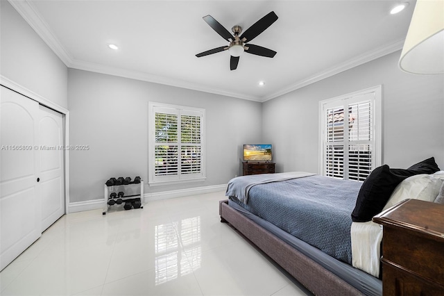 bedroom with crown molding, ceiling fan, and light tile patterned flooring