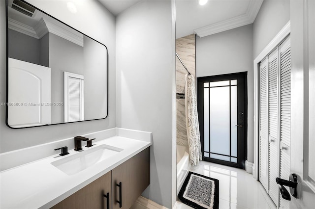 bathroom featuring ornamental molding, vanity, and shower / bathtub combination with curtain