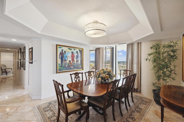 dining space with a raised ceiling