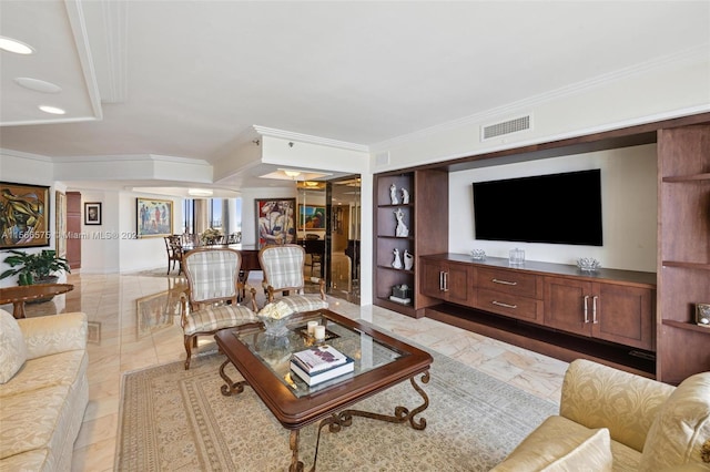 living room featuring ornamental molding