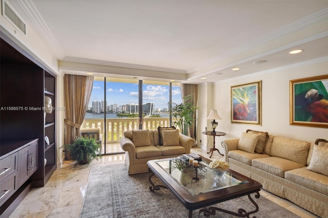 living room with crown molding