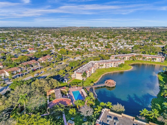 drone / aerial view with a water view