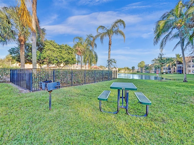 view of property's community featuring a water view and a lawn