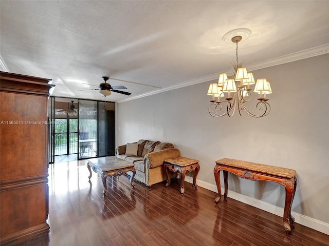 living area with expansive windows, dark wood-type flooring, ceiling fan with notable chandelier, a textured ceiling, and crown molding