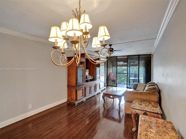 sitting room featuring floor to ceiling windows, dark hardwood / wood-style floors, crown molding, and ceiling fan with notable chandelier