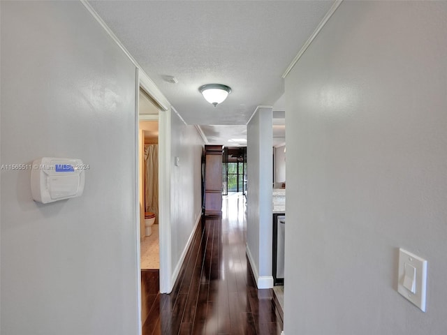 hallway featuring a textured ceiling, crown molding, and dark hardwood / wood-style floors