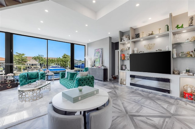 living room featuring light parquet flooring