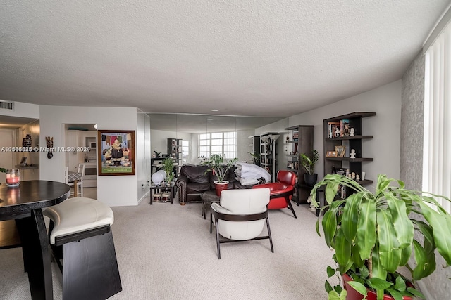 living room with light carpet and a textured ceiling