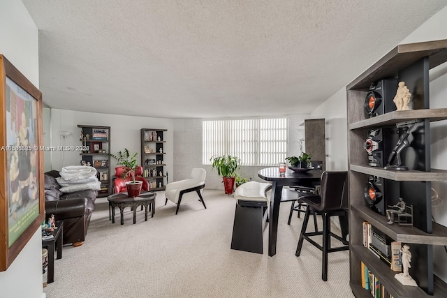 carpeted office space featuring a textured ceiling