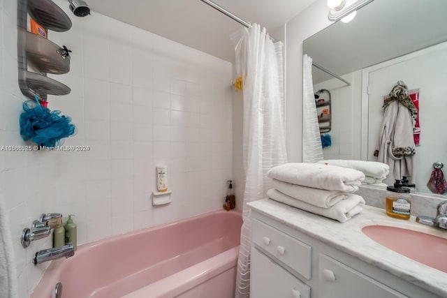 bathroom with shower / bath combination with curtain and oversized vanity