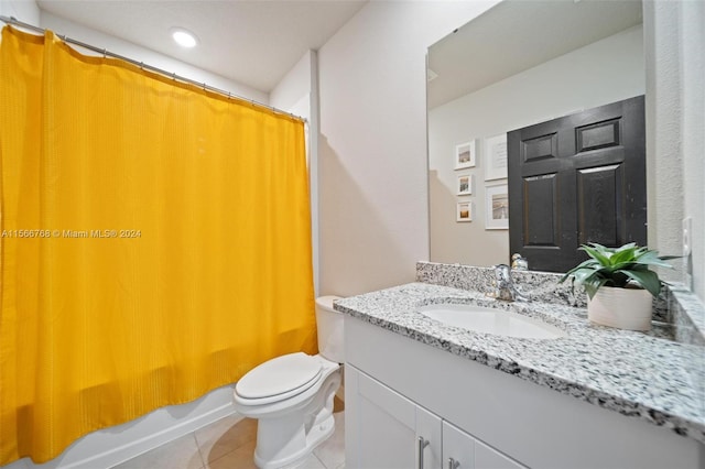 full bathroom with shower / bath combo, vanity, toilet, and tile patterned floors