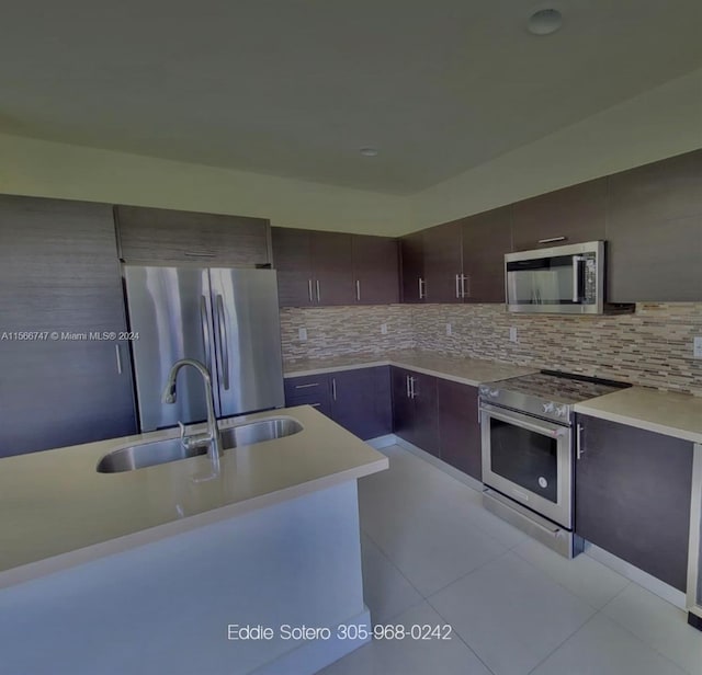 kitchen featuring decorative backsplash, sink, dark brown cabinetry, and stainless steel appliances