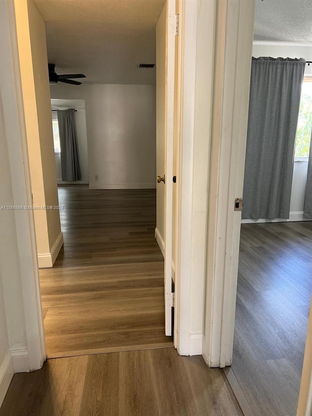 hallway featuring dark hardwood / wood-style floors and a textured ceiling