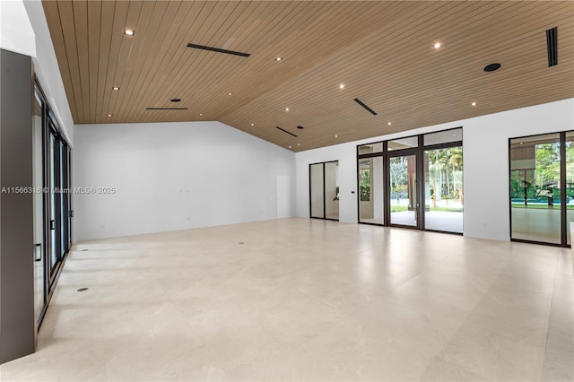 unfurnished room featuring lofted ceiling, wooden ceiling, and recessed lighting