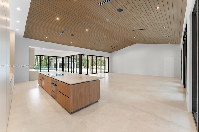 kitchen featuring a healthy amount of sunlight, a large island, modern cabinets, and wood ceiling