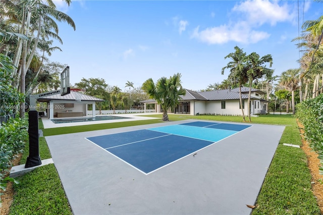 view of basketball court featuring an outdoor pool, community basketball court, a gazebo, and a lawn