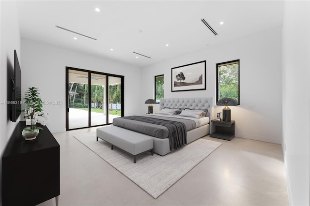 bedroom featuring recessed lighting, visible vents, and access to exterior