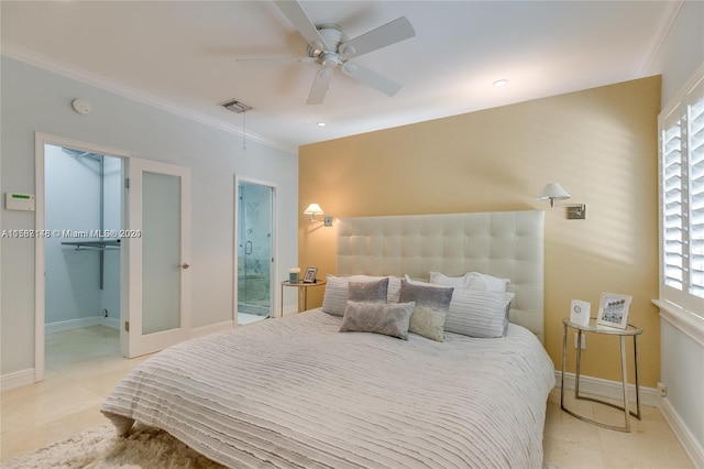 tiled bedroom with ornamental molding, connected bathroom, ceiling fan, and multiple windows