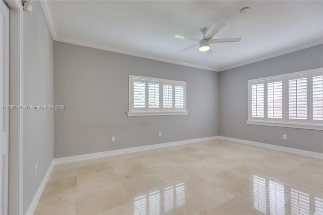 empty room featuring ornamental molding, ceiling fan, and light tile flooring